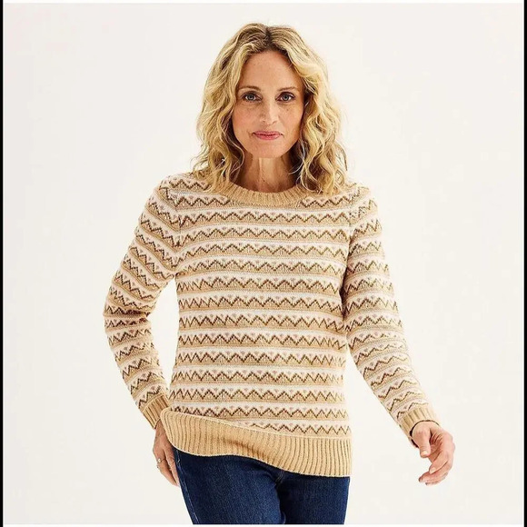 NWT Women's Croft & Barrow Placed Cable Sweater Camel Fairisle Plus Size 2X - Picture 1 of 15